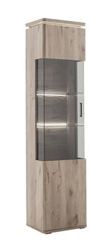 Holzvitrine mit Glastür und LED-Beleuchtung, seitliche Perspektive