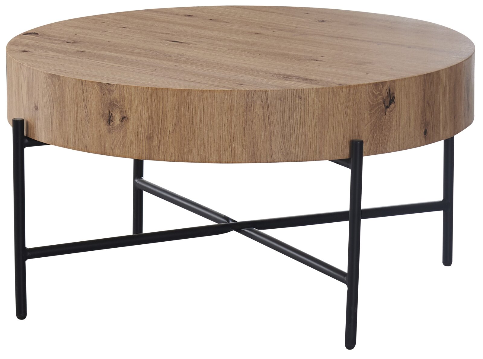 Z2 Couchtisch ANTONIA Runder Couchtisch mit Holzoptik-Tischplatte und schwarzem Metallgestell, freigestellt auf weißem Hintergrund, in leicht schräger Vorderansicht von oben