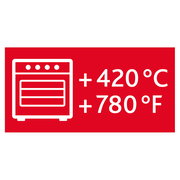 Rotes Symbol mit einem Ofen und den Temperaturangaben +420°C und +780°F, Vorderansicht.