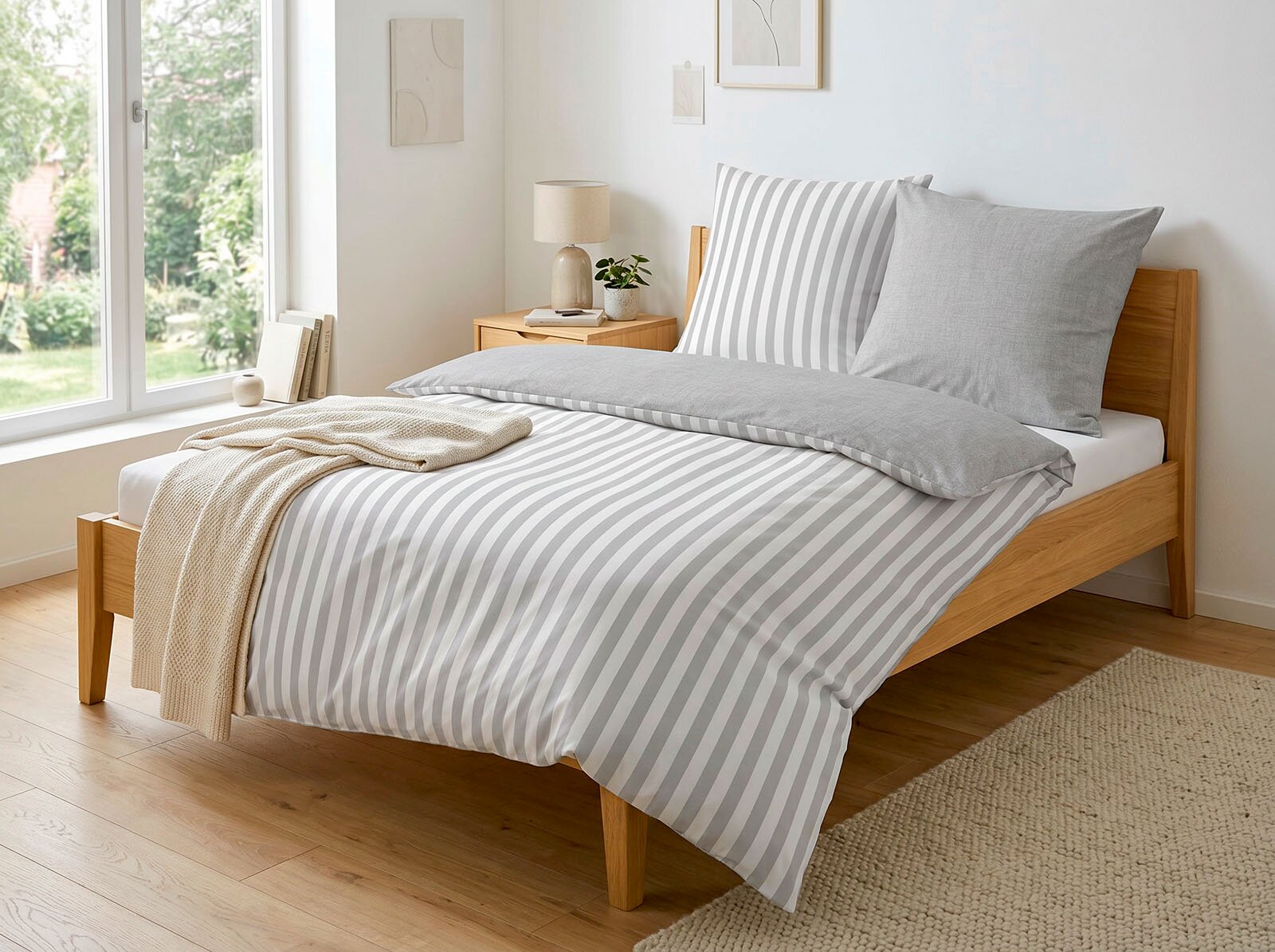 Grijs-wit gestreept dekbedovertrek met bijpassende kussens op een houten bed in een lichte slaapkamer, schuin van voren gefotografeerd.