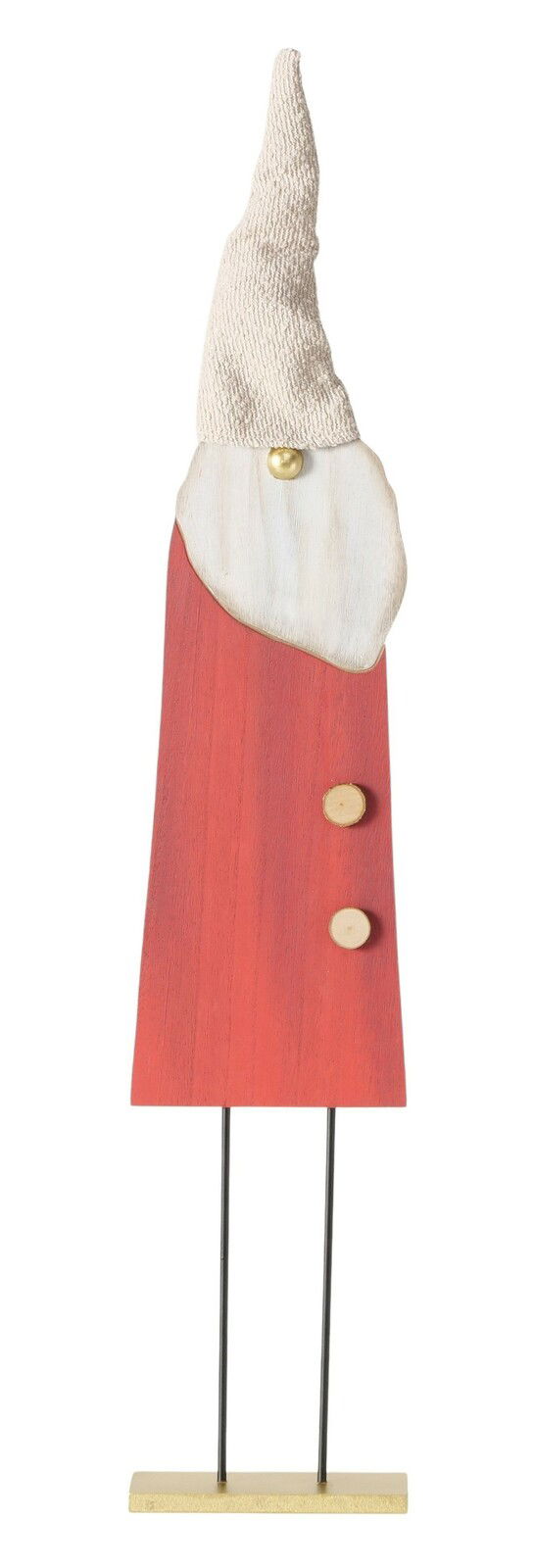 Holzfigur eines Weihnachtsmanns mit rotem Mantel und weißem Bart, frontal abgebildet.