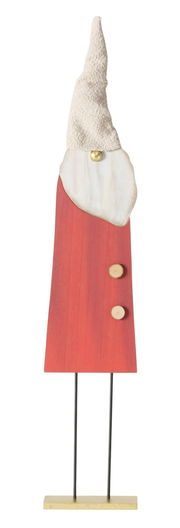 Holzfigur eines Weihnachtsmanns mit rotem Mantel und weißem Bart, frontal abgebildet.