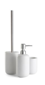 Modernes 3-teiliges Badset in Weiß mit Seifenspender, Zahnbürstenhalter und Toilettenbürste, seitliche Perspektive