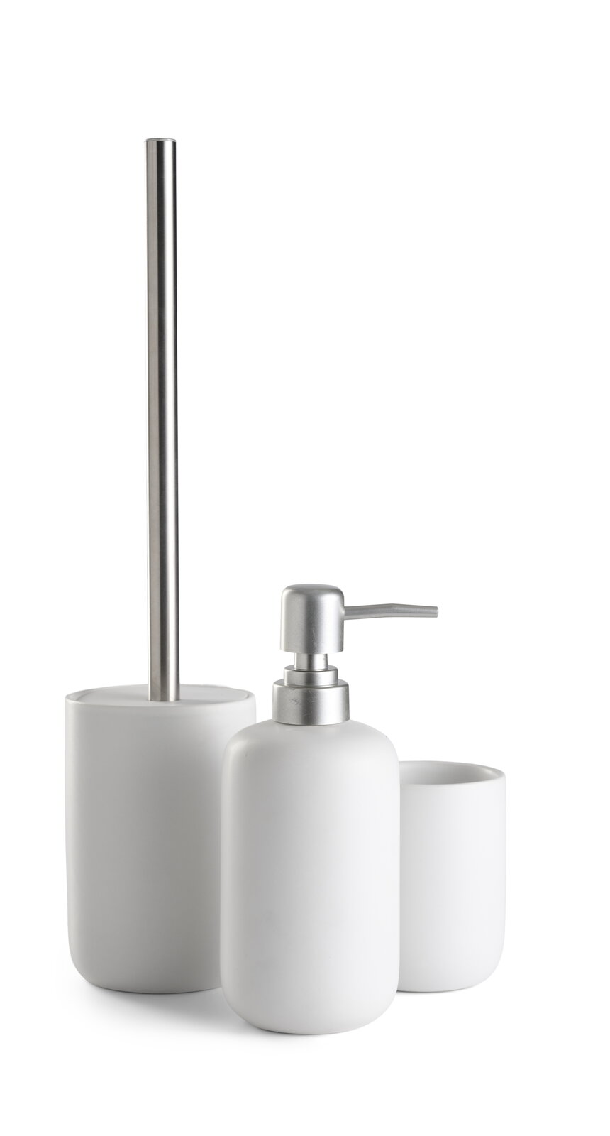 Modernes 3-teiliges Badset in Weiß mit Seifenspender, Zahnbürstenhalter und Toilettenbürste, seitliche Perspektive