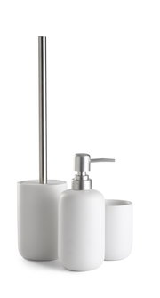 Modernes 3-teiliges Badset in Weiß mit Seifenspender, Zahnbürstenhalter und Toilettenbürste, seitliche Perspektive