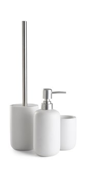 Modernes 3-teiliges Badset in Weiß mit Seifenspender, Zahnbürstenhalter und Toilettenbürste, seitliche Perspektive