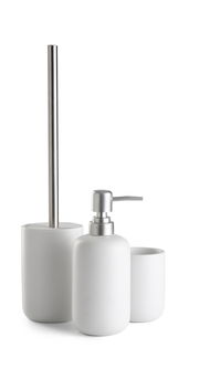 Modernes 3-teiliges Badset in Weiß mit Seifenspender, Zahnbürstenhalter und Toilettenbürste, seitliche Perspektive