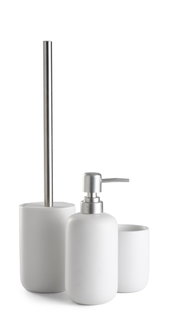 Moderne 3-delige badkamerset in wit met zeepdispenser, tandenborstelhouder en toiletborstel, zijaanzicht