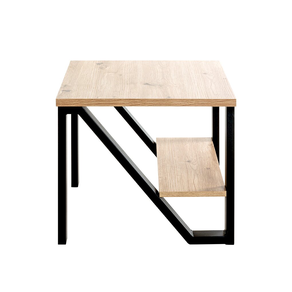 Moderner Beistelltisch aus hellem Holz mit schwarzem Metallgestell und seitlicher Ablage, Ansicht von der Seite auf weißem Hintergrund