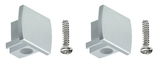 Zwei silberne Endkappen mit Schrauben für das URAIL-System, seitliche Perspektive.
