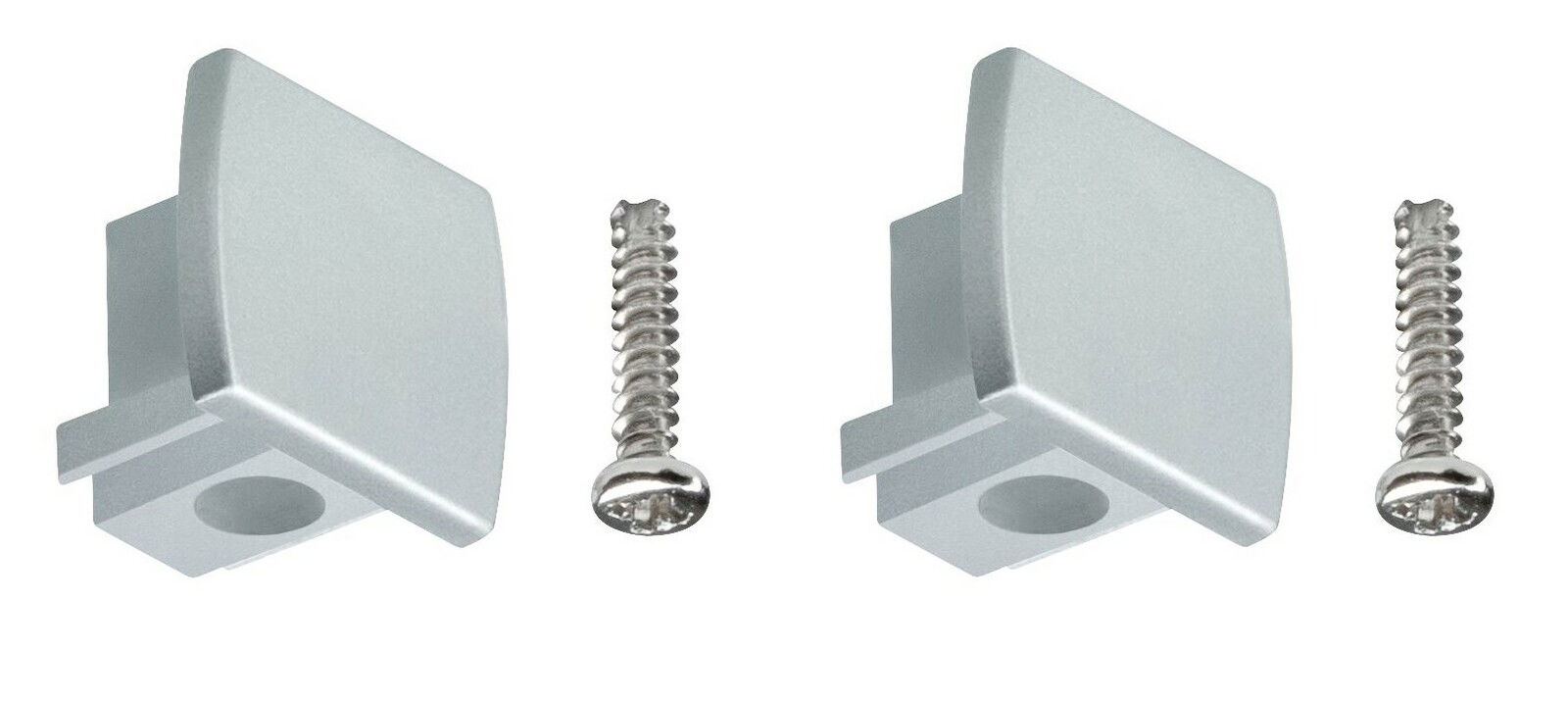 PAULMANN Endkappen URail Zwei silberne Endkappen mit Schrauben für das URAIL-System, seitliche Perspektive.