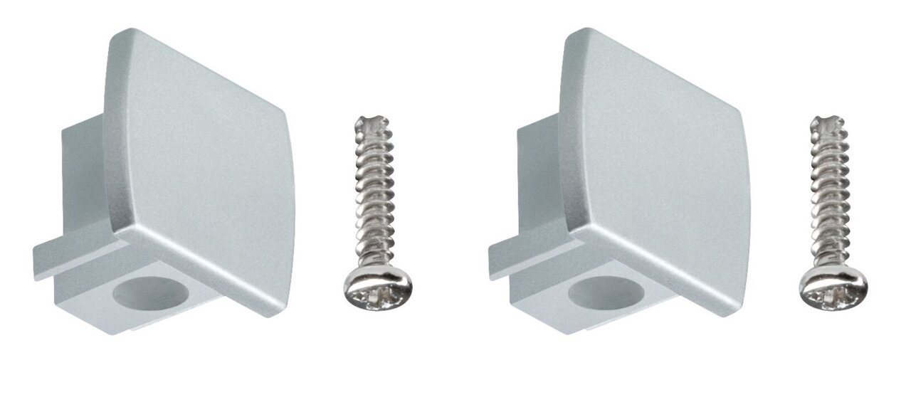 Zwei silberne Endkappen mit Schrauben für das URAIL-System, seitliche Perspektive.