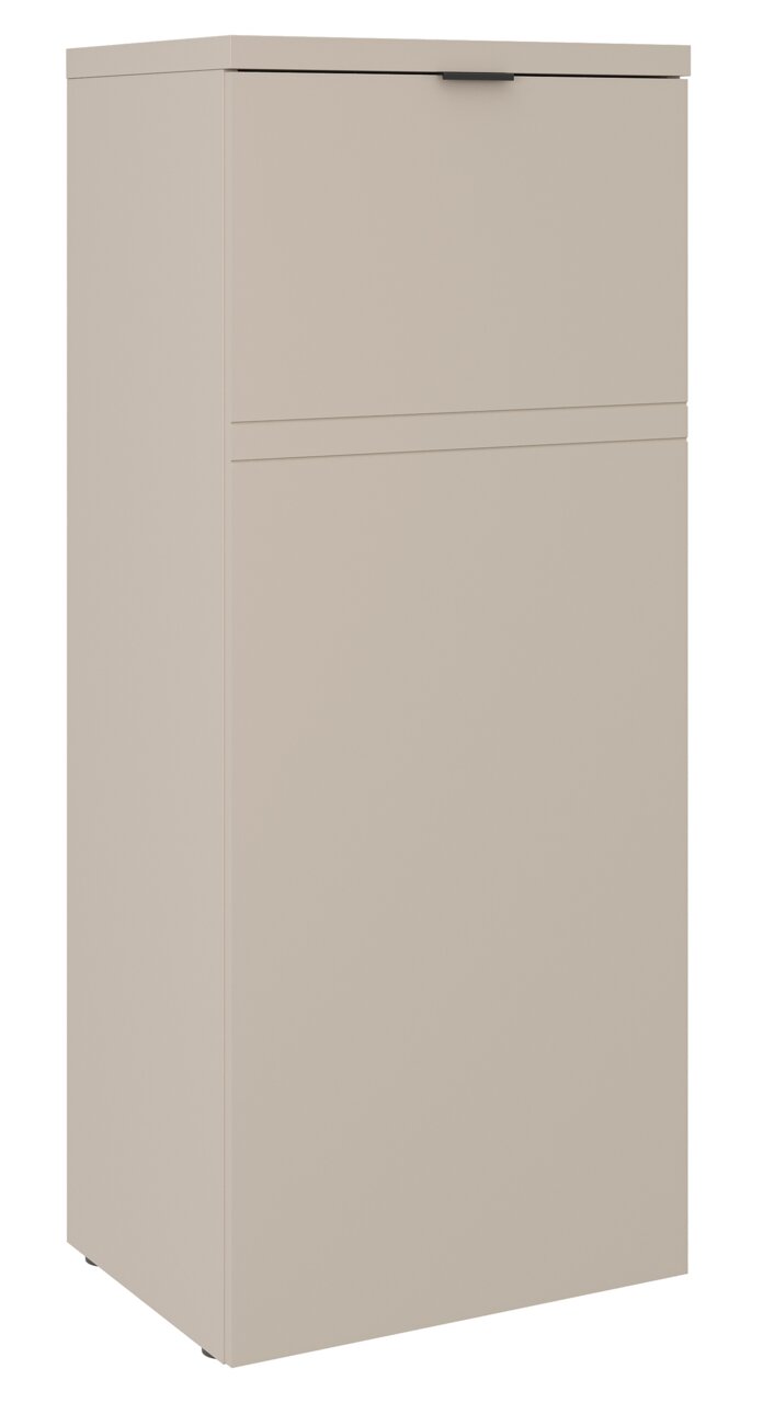 Carryhome Standelement 1-türig halbhoch TINO OFFICE Beigefarbener, halbhoher, einflügeliger Schrank aus seitlicher Perspektive.