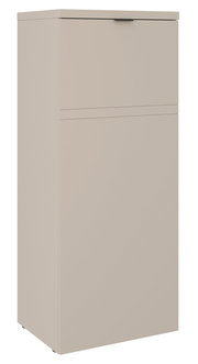Beigefarbener, halbhoher, einflügeliger Schrank aus seitlicher Perspektive.