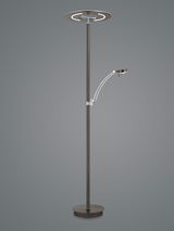 Moderne LED-Stehleuchte MONTI in seitlicher Ansicht mit rundem Lampenschirm und flexiblem Lesearm.