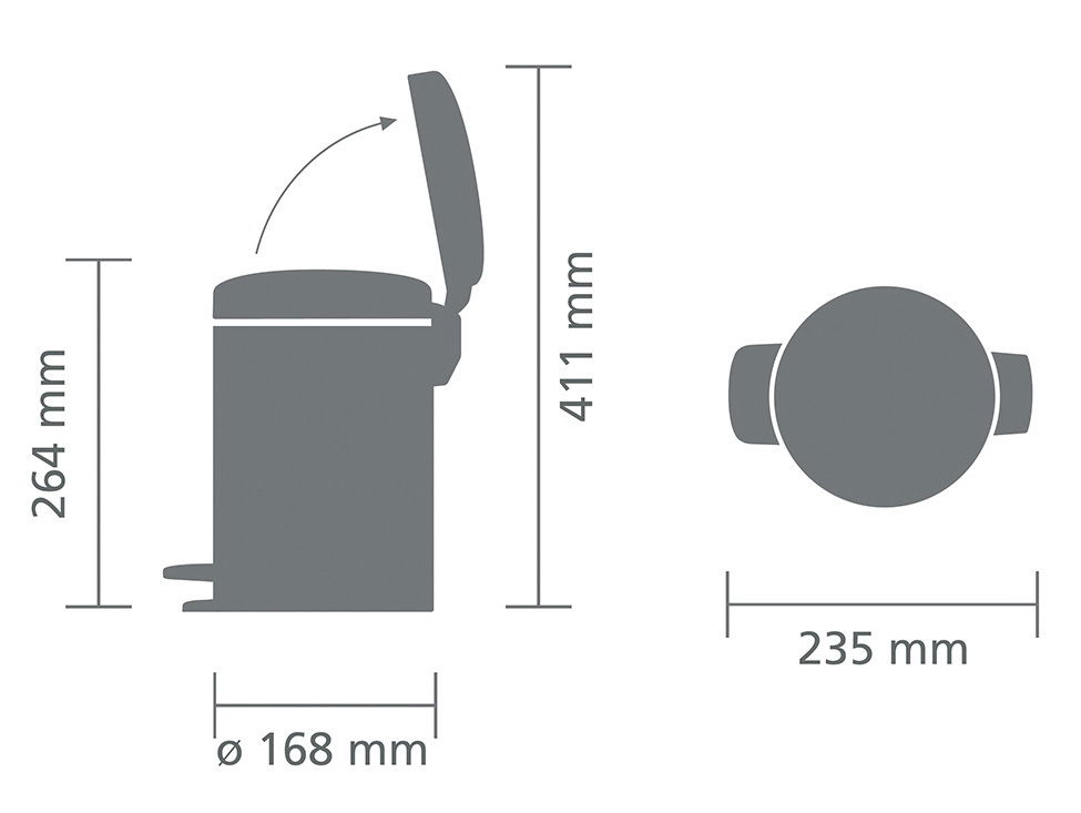Grafik eines Treteimers newIcon 3L mit geöffnetem Deckel, Seitenansicht und Draufsicht mit Maßen.