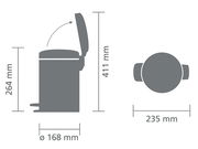 Grafik eines Treteimers newIcon 3L mit geöffnetem Deckel, Seitenansicht und Draufsicht mit Maßen.