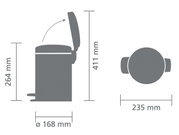 Grafik eines Treteimers newIcon 3L mit geöffnetem Deckel, Seitenansicht und Draufsicht mit Maßen.