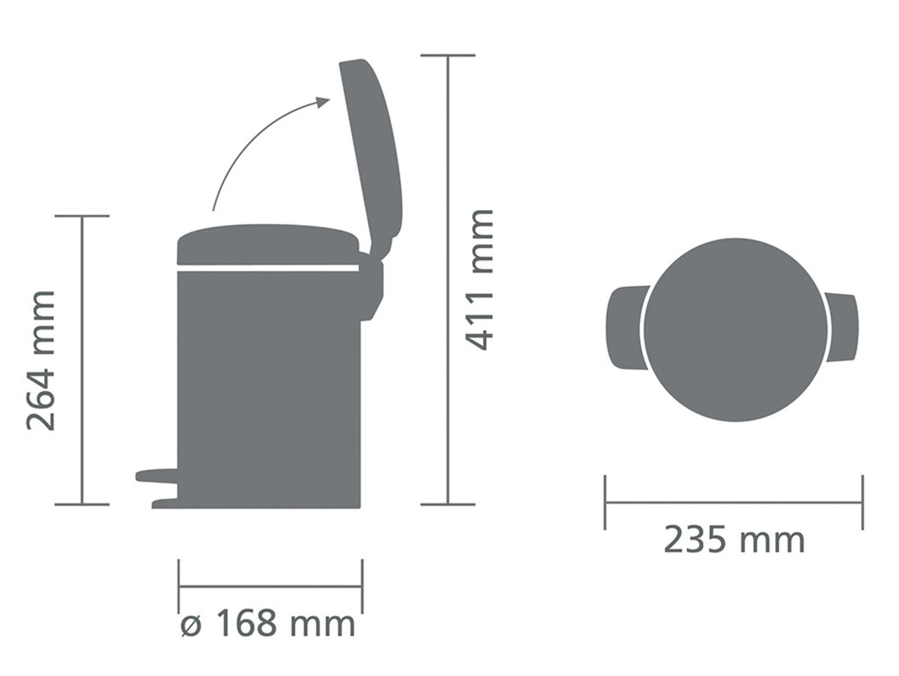 Afbeelding van een newIcon 3L-pedaalemmer met geopend deksel, zijaanzicht en bovenaanzicht met afmetingen.