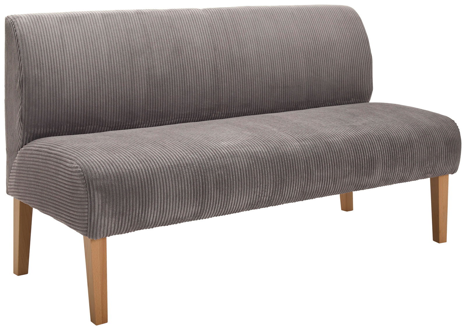 Graue Sitzbank mit Holzbeinen, seitliche Perspektive