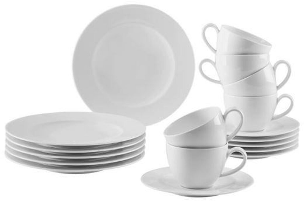 Seltmann Weiden Kaffeeset Zoe 18-tlg. Zoe Kaffeeset Zoe 18-tlg. in seitlicher Perspektive, bestehend aus weißen Tassen und Tellern.