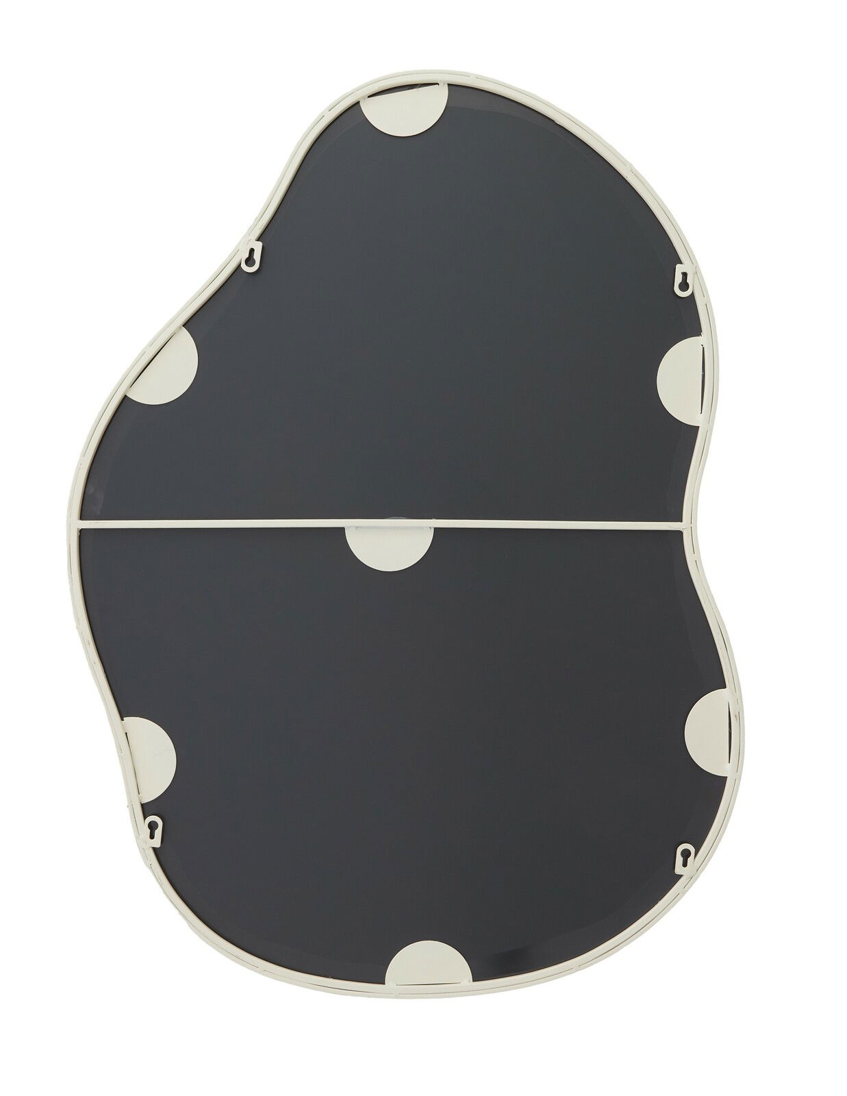 Rückansicht eines organisch geformten Spiegels mit weißem Rahmen und mehreren Befestigungspunkten.