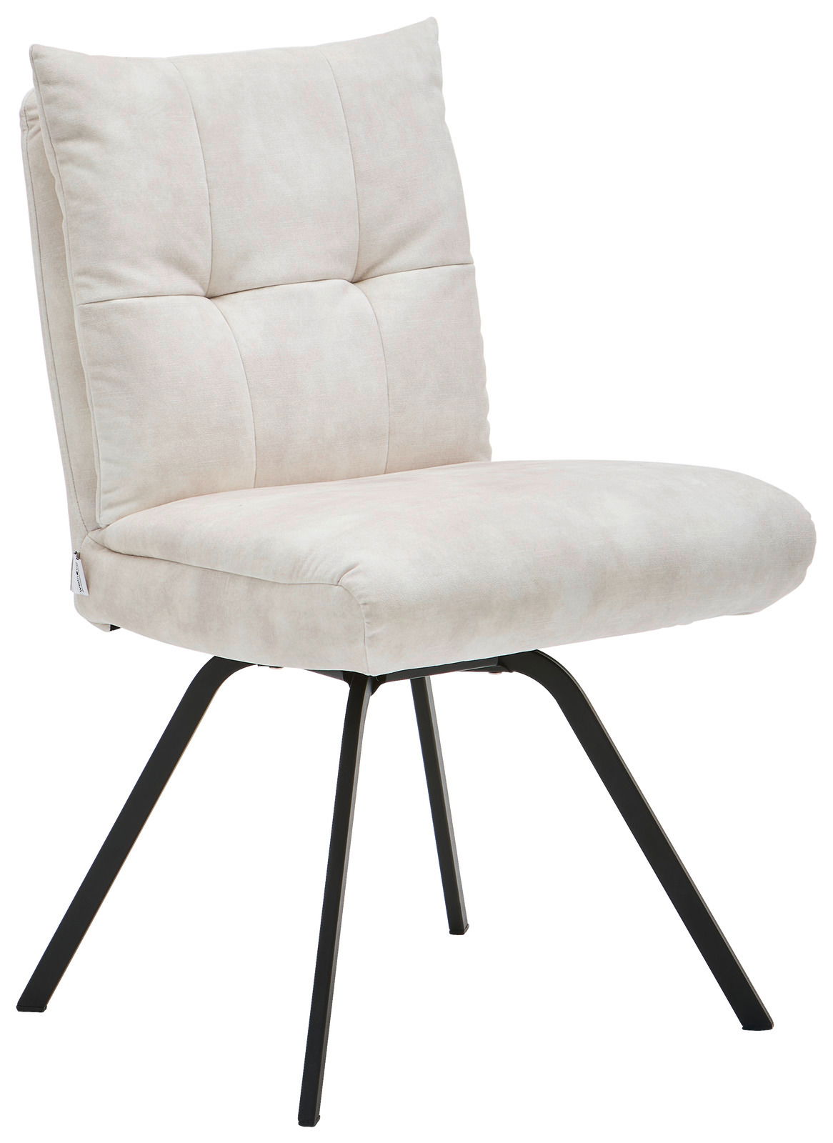 Moderner Stuhl mit beigem Polster und schwarzen Metallbeinen, seitliche Perspektive