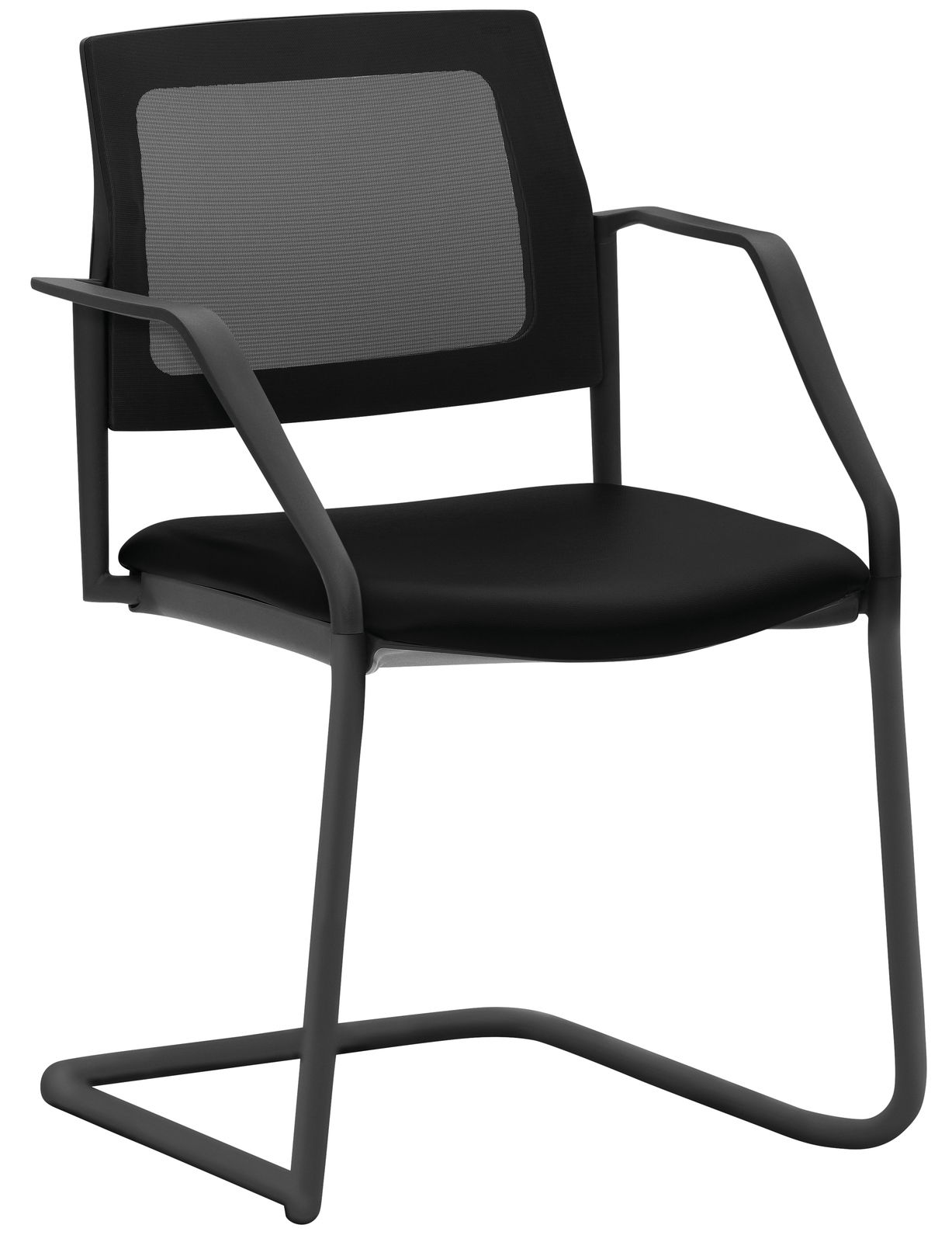 Moderner Freischwinger-Stuhl mit schwarzem Netzrücken und gepolstertem Sitz, seitliche Perspektive