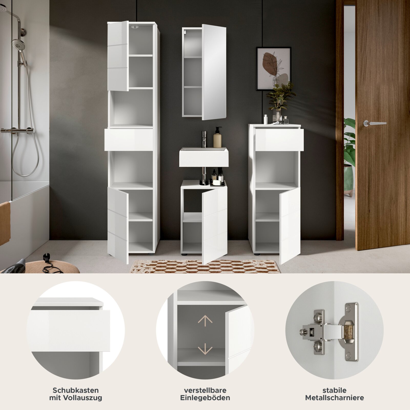 Moderne weiße Badkombination mit Hochschrank, Waschbeckenunterschrank und Spiegelschrank, frontal betrachtet. Enthält Schubkasten mit Vollauszug, verstellbare Einlegeböden und stabile Metallscharniere.