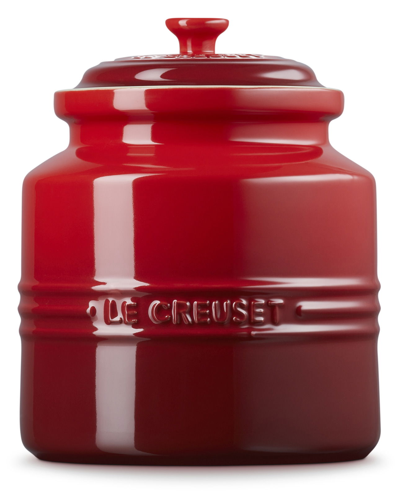 Rote Keksdose mit Deckel, seitliche Perspektive, Marke Le Creuset