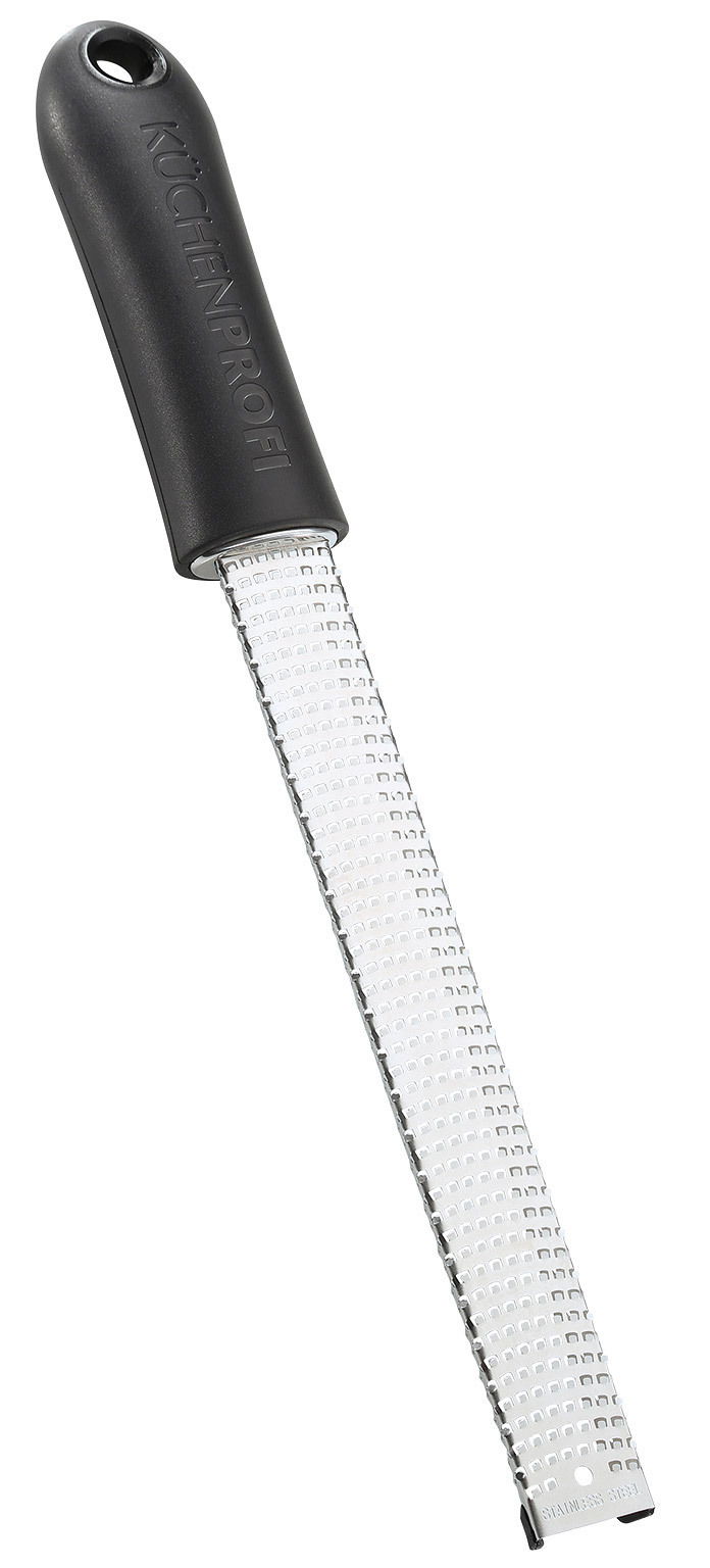 Feine Zester-Reibe mit schwarzem Griff, seitliche Perspektive