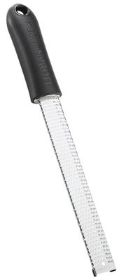 Feine Zester-Reibe mit schwarzem Griff, seitliche Perspektive