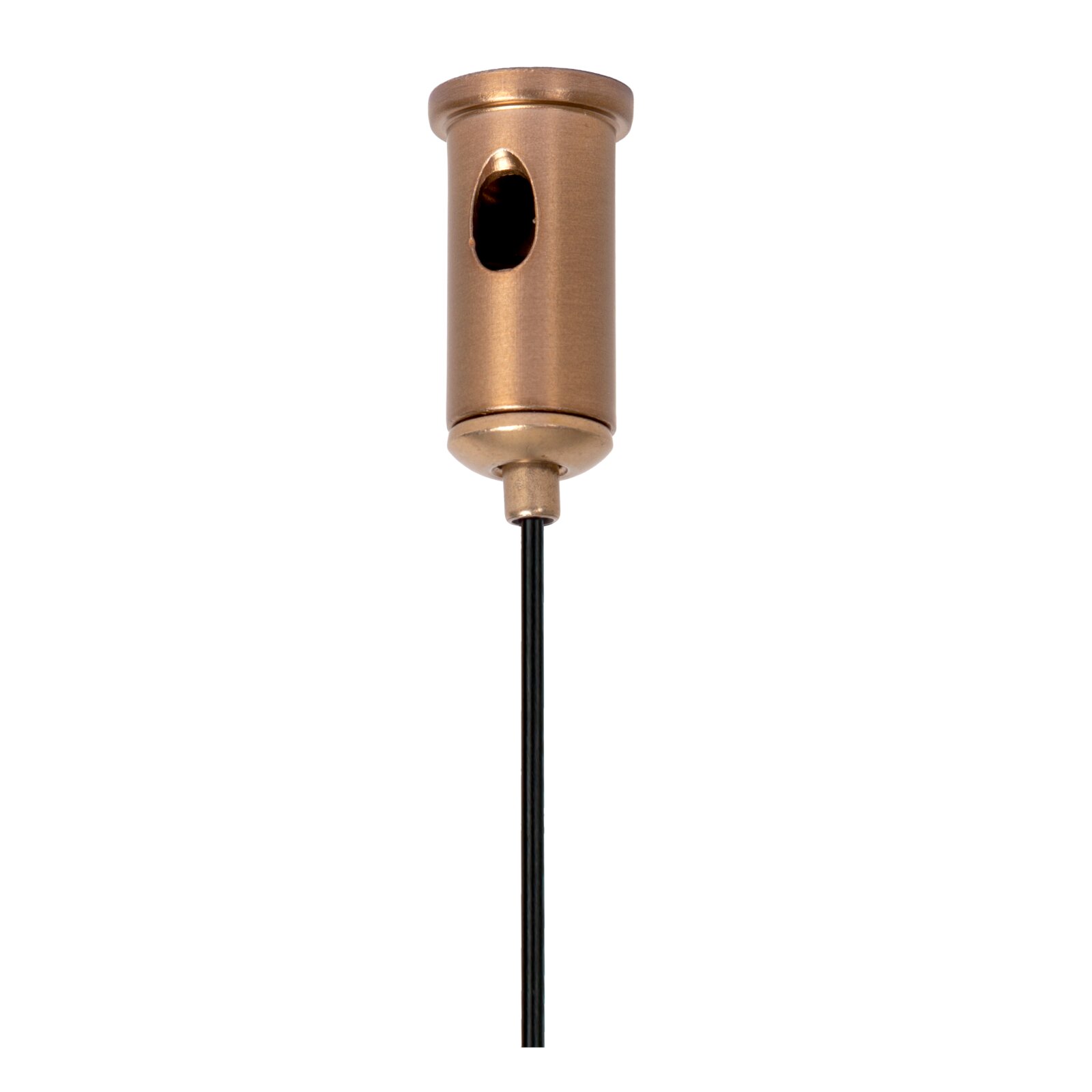 Messingkleurige cilindrische lampfitting met zwarte kabel en zijdelingse opening, productfoto van voren op witte achtergrond