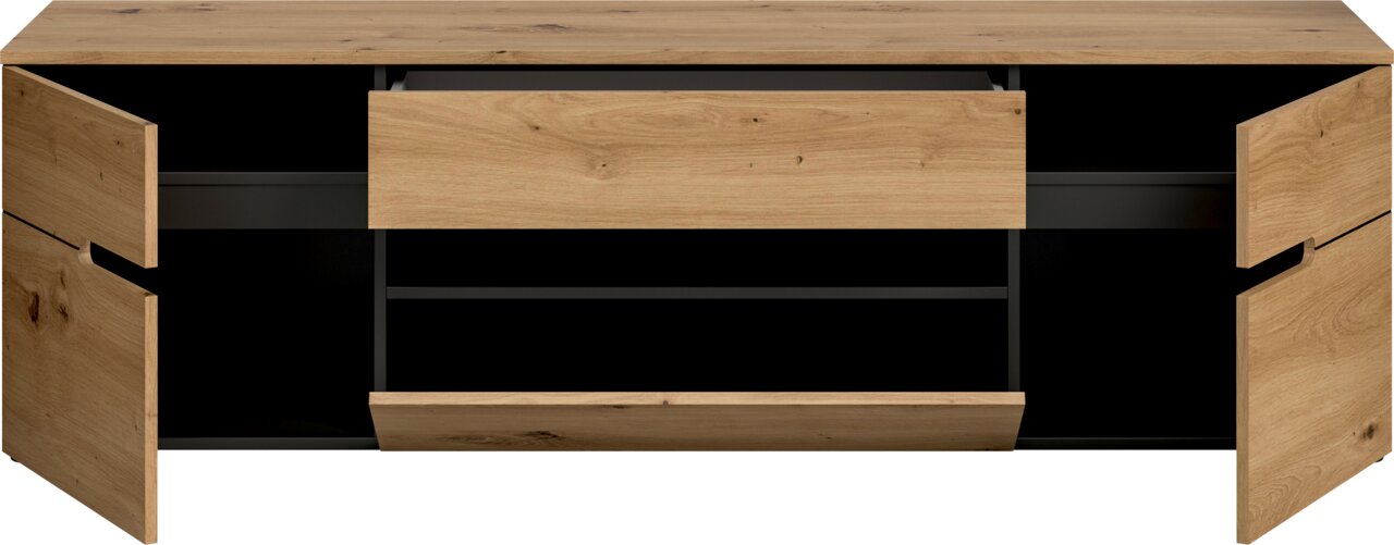 Holz-Sideboard in Eichenoptik mit schwarzem Korpus, zwei seitlichen Türen und mittlerer Schublade, geöffnet mit sichtbaren Innenfächern, Frontansicht