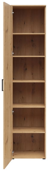 Mehrzweckschrank aus Holz mit geöffneter Tür, fünf Regalböden sichtbar, Frontalansicht