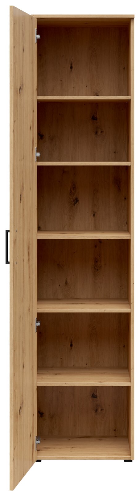 Multifunctionele houten kast met open deur, vijf zichtbare planken, vooraanzicht