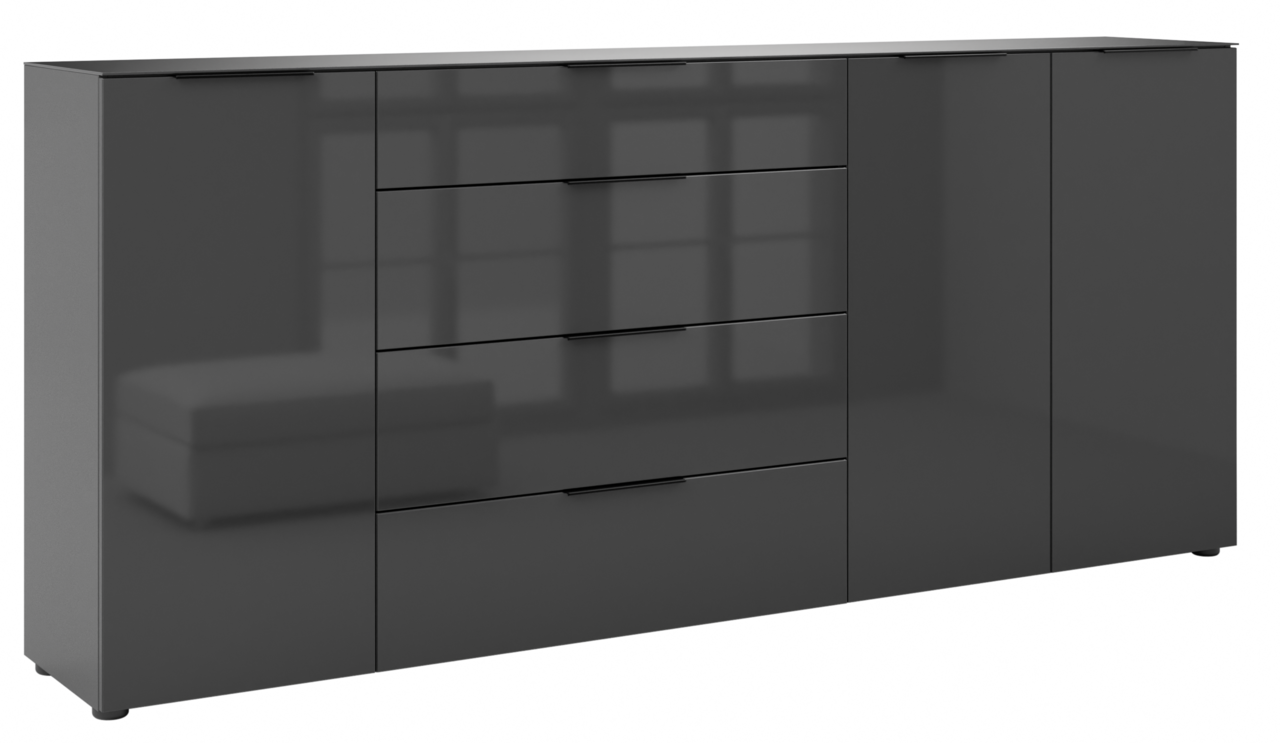 Novel XXL-Sideboard STYLE Modernes, graues XXL-Sideboard mit Hochglanzoberfläche, zwei Türen und vier Schubladen, seitliche Perspektive