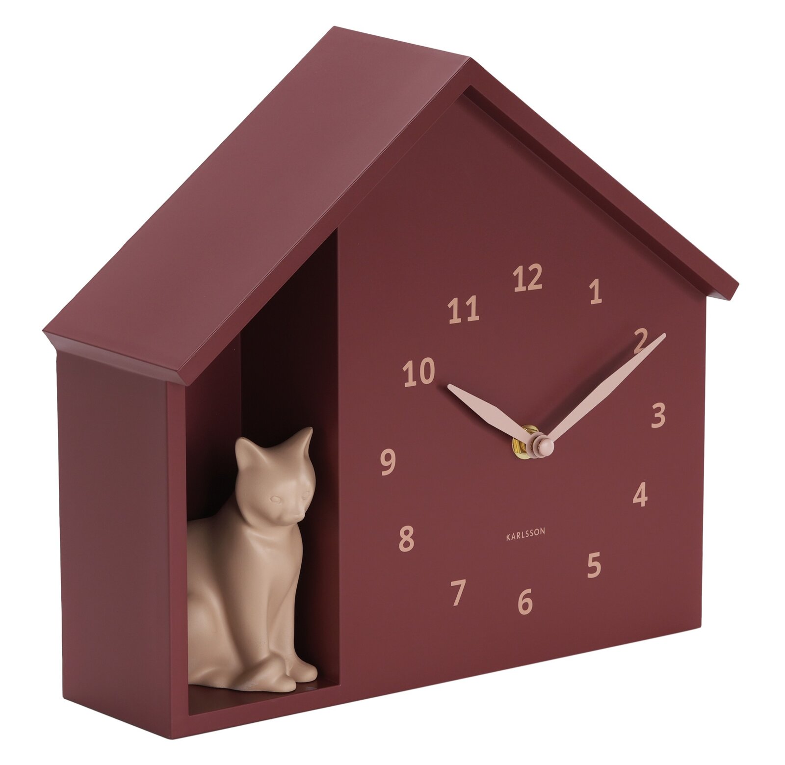 Wanduhr in Form eines Hauses mit einer kleinen Katzenfigur auf der linken Seite, seitliche Perspektive