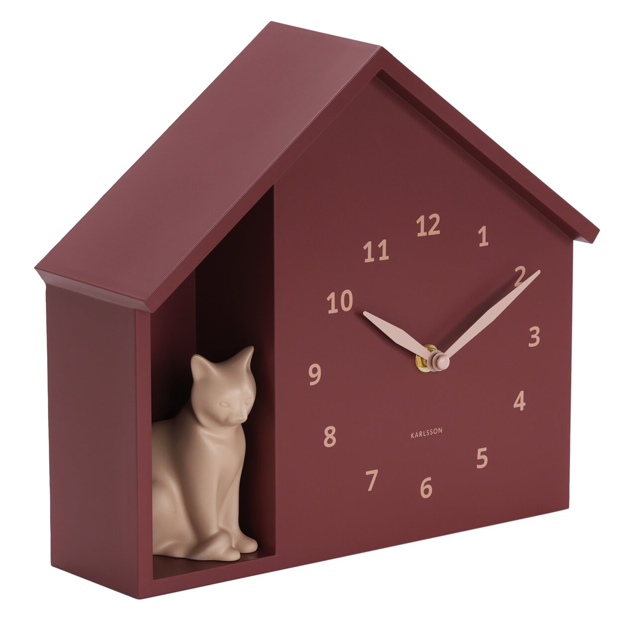Wanduhr in Form eines Hauses mit einer kleinen Katzenfigur auf der linken Seite, seitliche Perspektive