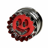 Metall-Ausstecher in Smiley-Form mit rotem Gesicht, seitliche Perspektive