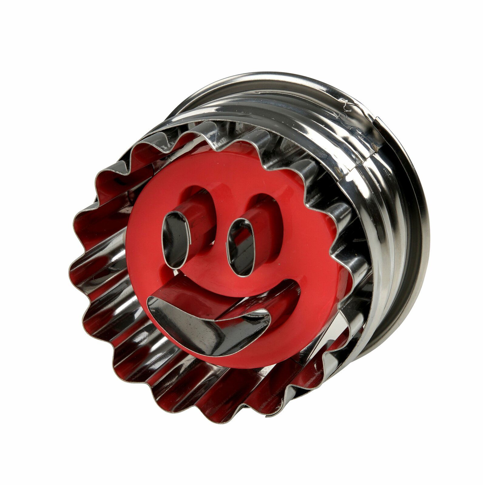 Metall-Ausstecher in Smiley-Form mit rotem Gesicht, seitliche Perspektive