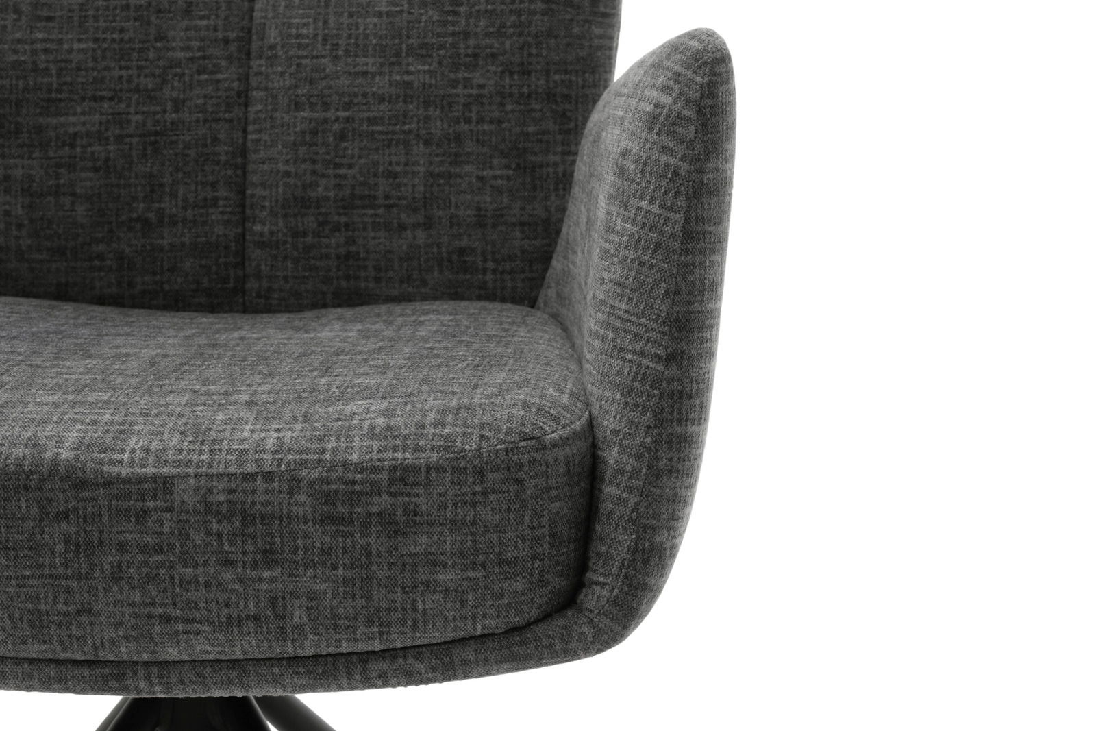 Grauer Sessel mit Stoffbezug, seitliche Perspektive