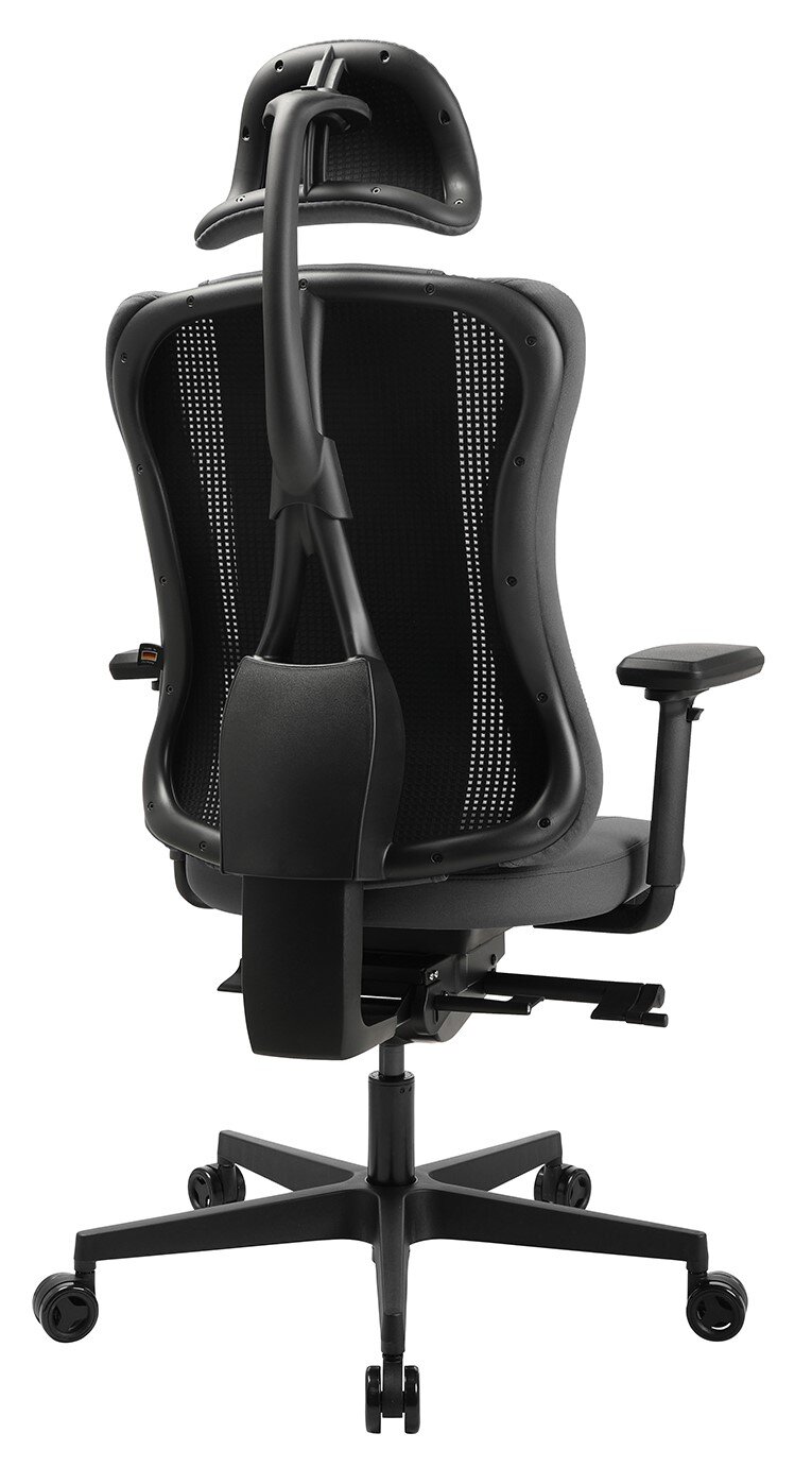 Rückansicht eines schwarzen Gaming-Stuhls mit ergonomischer Rückenlehne und Kopfstütze, Modell SITNESS RS PRO.