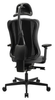 Achterkant van een zwarte gamingstoel met ergonomische rugleuning en hoofdsteun, model SITNESS RS PRO.