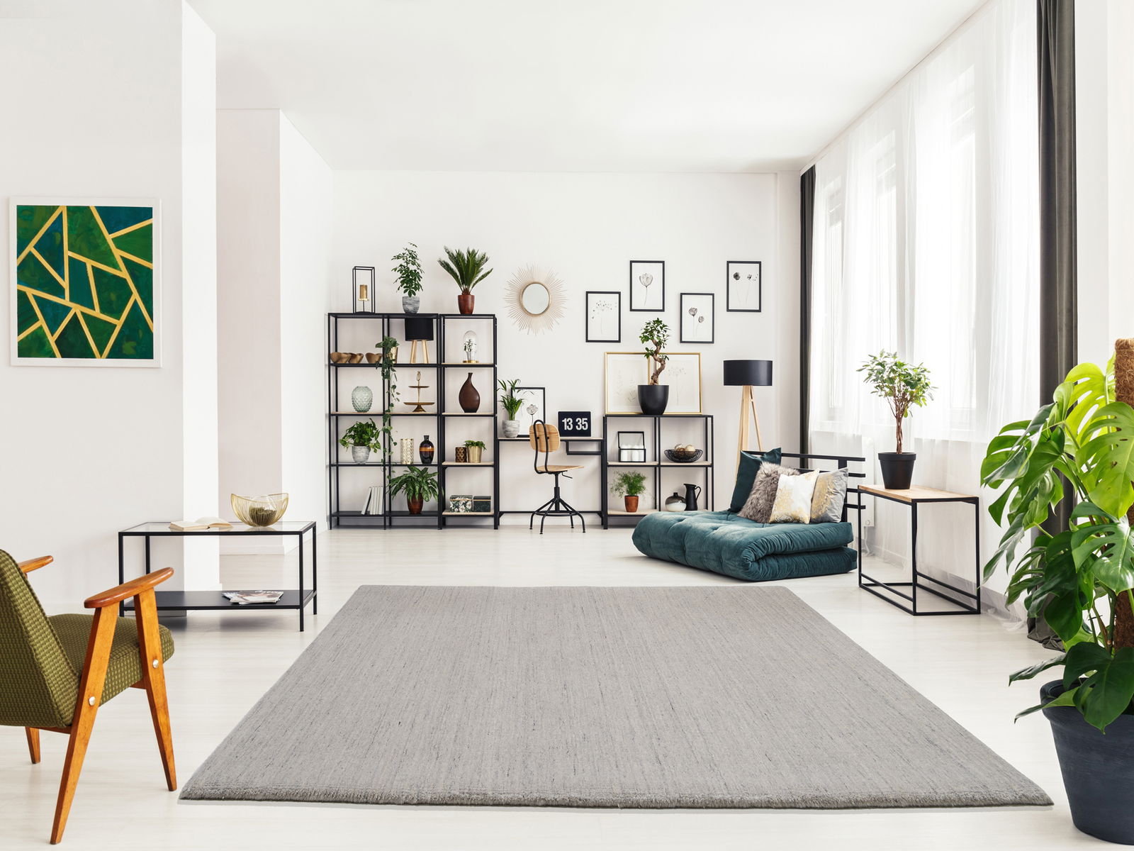 Moderner Wohnraum mit grauem Wollteppich im Vordergrund, umgeben von stilvollen Möbeln und Pflanzen, aus der Perspektive des Eingangsbereichs betrachtet.