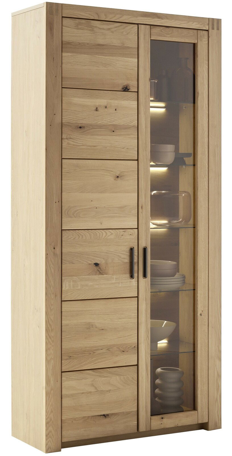 Holz-Kombivitrine mit Glastür, seitliche Perspektive, zeigt Geschirr und Dekoration im Inneren