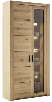 Holz-Kombivitrine mit Glastür, seitliche Perspektive, zeigt Geschirr und Dekoration im Inneren