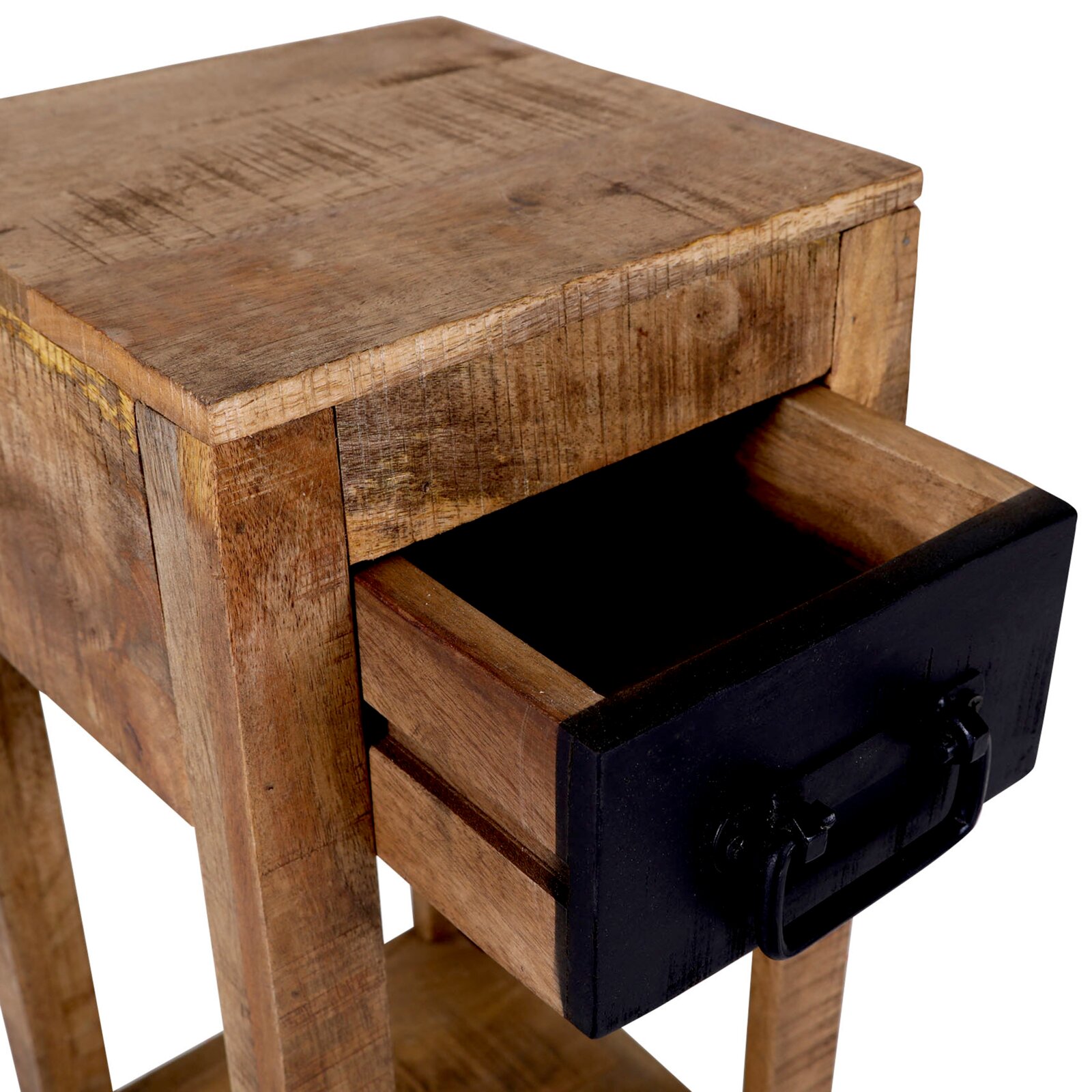 Beistelltisch aus Holz mit geöffneter Schublade, Perspektive von schräg oben