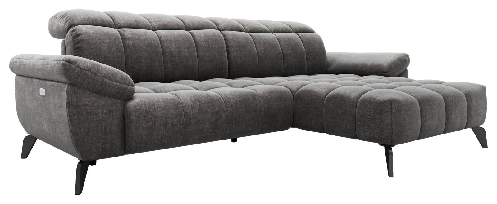 Graue Longchairkombination TOMMY von XORA mit rechter Armlehne, aus seitlicher Perspektive fotografiert.