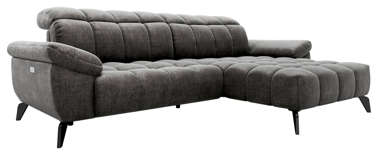 Graue Longchairkombination TOMMY von XORA mit rechter Armlehne, aus seitlicher Perspektive fotografiert.